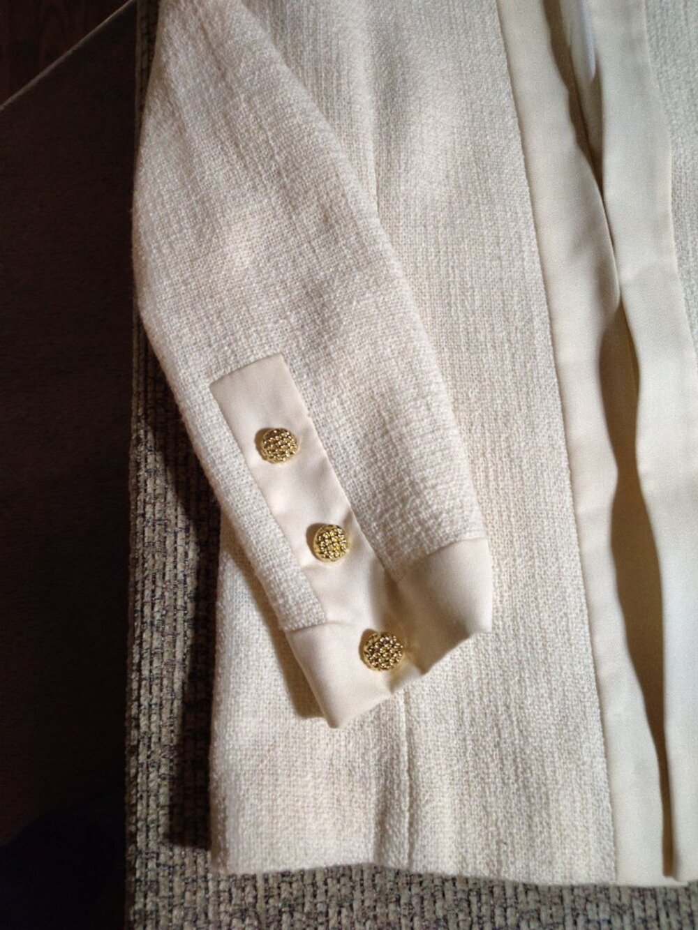 Doncaster Tweed Blazer Jacket Womens Size 14 Cream/W CreamFringe Trim Open Front - Picture 2 of 8